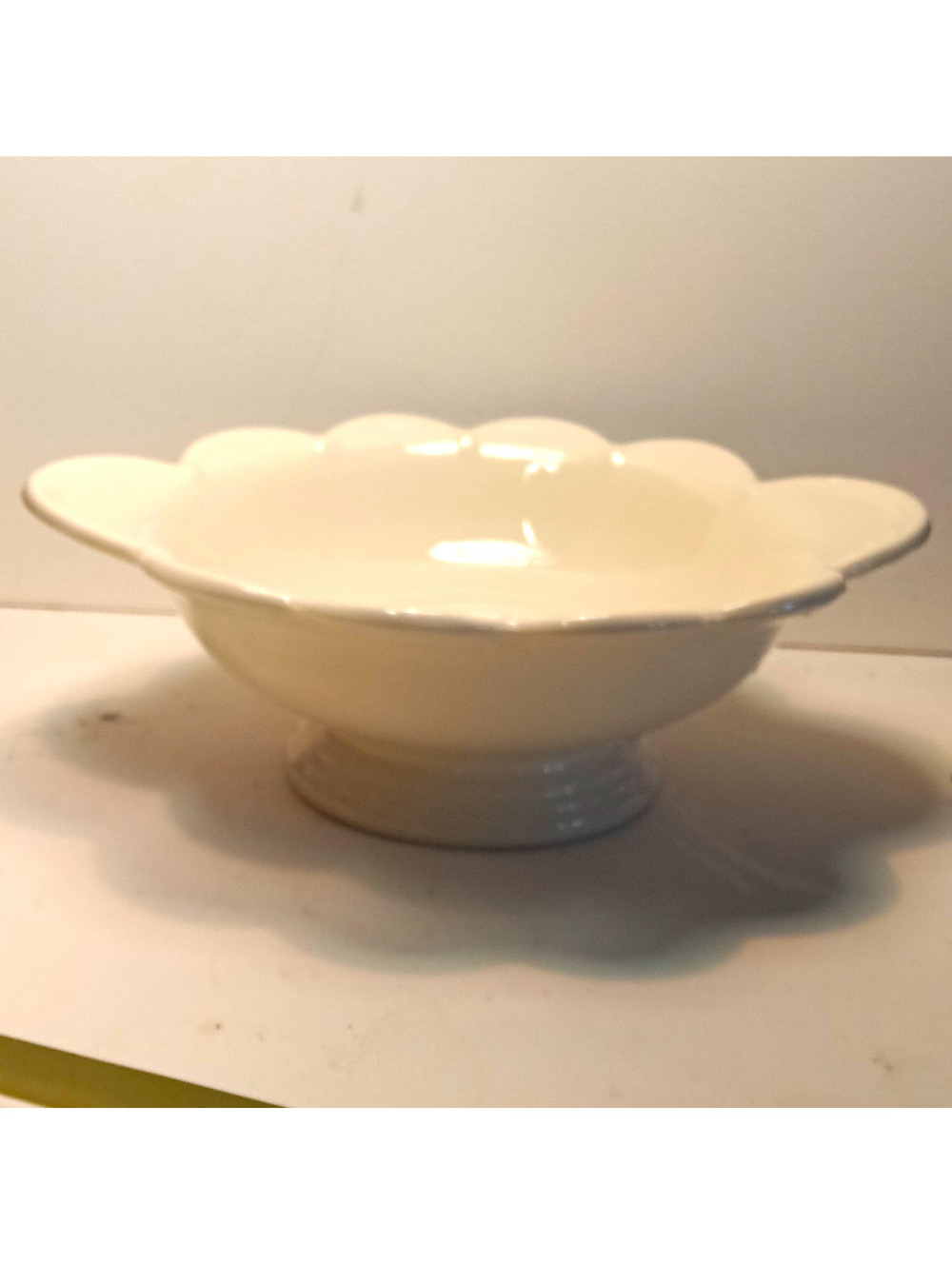 Unmarked Vintage White Pottery Footed Centerpiece Bowl Scalloped Edge Handles